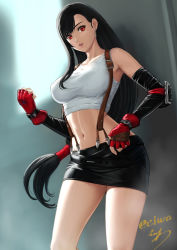 Rule 34 | 1girl, armpits, bare shoulders, black hair, breasts, crop top, detached sleeves, eiwa, final fantasy, final fantasy vii, fingerless gloves, gloves, jewelry, large breasts, lips, long hair, looking at viewer, low-tied long hair, midriff, miniskirt, navel, pencil skirt, red eyes, red gloves, signature, skirt, solo, square enix, stomach, suspender skirt, suspenders, tank top, tifa lockhart, twitter username, white tank top