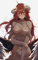 Rule 34 | 1girl, aged up, ahoge, albedo (overlord), albedo (overlord) (cosplay), bare shoulders, black feathers, black hairband, black wings, blush, breasts, cosplay, cowboy shot, crossed bangs, demon horns, demon wings, detached collar, dress, eris greyrat, feathered wings, feathers, female focus, gloves, hair between eyes, hairband, hip vent, horns, large breasts, long hair, low horns, low wings, matching hair/eyes, mushoku tensei, nakami chihiro, off-shoulder dress, off shoulder, overlord (maruyama), red eyes, red hair, smile, solo, thick eyebrows, white background, white dress, white gloves, white horns, wind, wings