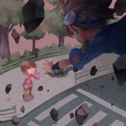 Rule 34 | 1boy, 1girl, brother and sister, brown eyes, brown hair, closed mouth, crosswalk, digimon, digimon adventure, from above, gloves, goggles, huan li, open mouth, outdoors, pink sky, shaded face, short hair, siblings, sky, smile, yagami hikari, yagami taichi