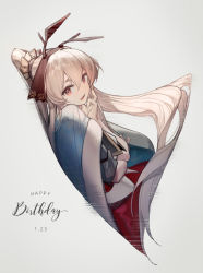 Rule 34 | 1girl, arknights, blue cloak, cloak, dated, dress, hair ornament, highres, long hair, official alternate costume, ponytail, red dress, red eyes, silver hair, simple background, weedy (arknights), weedy (candy cape) (arknights), xiayehongming