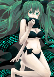 1girl bad_id bad_pixiv_id bikini black_bikini female_focus green_eyes green_hair hatsune_miku kneeling long_hair matching_hair/eyes musical_note navel nonaka_hako scarf solo swimsuit vocaloid