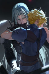 Rule 34 | 2boys, aqua eyes, armor, belt, black background, black gloves, black jacket, blonde hair, blue pants, blue shirt, closed eyes, cloud strife, final fantasy, final fantasy vii, final fantasy vii remake, gloves, hand on another&#039;s face, highres, jacket, long hair, looking at another, male focus, multiple boys, pants, parted bangs, sephiroth, shirt, short hair, shou rou, shoulder armor, silver hair, sleeveless, sleeveless turtleneck, spiked hair, square enix, straight hair, suspenders, turtleneck, upper body, yaoi