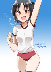 Rule 34 | 1girl, arm up, black hair, blue background, buruma, commentary request, cowboy shot, dated, gradient background, gym uniform, headband, highres, johssnny, kantai collection, nagara (kancolle), one-hour drawing challenge, one side up, open mouth, orange eyes, red buruma, shirt, short hair, smile, solo, thighhighs, twitter username, white background, white shirt