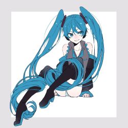 Rule 34 | 1girl, aqua eyes, blue hair, blush, boots, breasts, cleavage, collarbone, detached sleeves, eiku, full body, hair between eyes, hair ornament, hatsune miku, headphones, high heel boots, high heels, highres, long hair, looking at viewer, panties, parted lips, shirt, sitting, skirt, sleeveless, sleeveless shirt, smile, solo, striped clothes, striped panties, thigh boots, thighhighs, twintails, underwear, very long hair, vocaloid