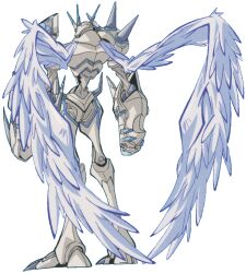 Rule 34 | 1boy, angel wings, armor, back, digimon, digimon (creature), digimon adventure tri., full body, horns, monster, no humans, official art, omegamon merciful mode, simple background, solo, standing, wings