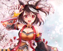 Rule 34 | 1girl, ahoge, animal ears, black hair, blush, breasts, cherry blossoms, cleavage, commentary request, detached sleeves, hair ornament, horse ears, horse girl, kitasan black (umamusume), medium breasts, open mouth, petals, red eyes, solo, terimuku, tree, umamusume, waving