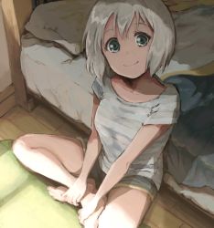 Rule 34 | 1girl, aoba moca, bang dream!, barefoot, bed, blue eyes, commentary request, crossed ankles, grey hair, grey shirt, hands on own leg, highres, indoors, looking at viewer, pillow, rii (hakumaiiiiii), shirt, short shorts, short sleeves, shorts, sitting, smile, solo, wooden floor