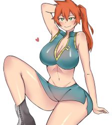 Rule 34 | 1girl, arm behind head, arm support, bare shoulders, blush, bob (bobtheneet), boku no hero academia, boots, breasts, cleavage, collarbone, green eyes, heart, highres, kendou itsuka, large breasts, leg up, long hair, looking at viewer, midriff, orange hair, ponytail, sitting, skirt, sleeveless, smile, solo, stomach, thick thighs, thighs