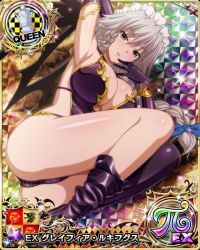 Rule 34 | 1girl, armpits, ass, black gloves, black thighhighs, black wings, blue bow, boots, bow, braid, breasts, card (medium), chess piece, cleavage, demon wings, elbow gloves, female focus, gloves, grayfia lucifuge, grey eyes, grey hair, hair bow, high school dxd, large breasts, long hair, looking at viewer, maid headdress, matching hair/eyes, mature female, official art, queen (chess), red lips, smile, solo, thigh boots, thighhighs, twin braids, wings