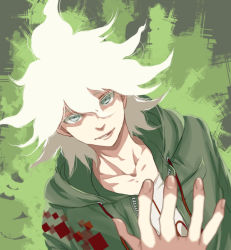 Rule 34 | 1boy, breast pocket, collarbone, danganronpa (series), danganronpa 2: goodbye despair, dosugon, green background, green jacket, grey eyes, hair between eyes, hand up, hood, hood down, hooded jacket, jacket, komaeda nagito, looking at viewer, male focus, messy hair, multicolored background, open clothes, open jacket, pocket, shirt, smile, solo, white hair