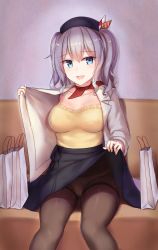 Rule 34 | 1girl, :d, bag, black pantyhose, blue eyes, blush, breasts, cai geng, cameltoe, camisole, choker, clothes lift, collarbone, couch, covered erect nipples, grey shirt, highres, indoors, kantai collection, kashima (kancolle), lifting own clothes, long sleeves, looking at viewer, medium breasts, on couch, open clothes, open mouth, open shirt, panties, panties under pantyhose, pantyhose, red choker, ribbon choker, shirt, shopping bag, short hair, silver hair, skirt, skirt lift, smile, solo, thighband pantyhose, twintails, underwear