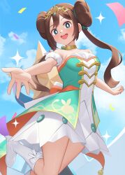 Rule 34 | 1girl, :d, bare shoulders, blue eyes, blue sky, boots, brown hair, cloud, commentary, confetti, creatures (company), double bun, dress, english commentary, game freak, gazing eye, hair bun, highres, knee boots, leg up, long hair, looking at viewer, nintendo, official alternate costume, open mouth, outstretched hand, pokemon, pokemon masters ex, rosa (champion) (pokemon), rosa (pokemon), sky, smile, solo, strapless, strapless dress, sweat, teeth, tiara, twintails, upper teeth only, white dress, white footwear