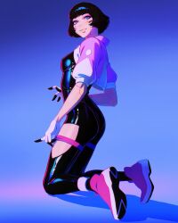 Rule 34 | 1girl, absurdres, black bodysuit, black hair, blue background, blue eyes, blunt bangs, bob cut, bodysuit, breasts, commentary, cropped jacket, cyberpunk, cyberpunk (series), cyberpunk edgerunners, cyborg, english commentary, from behind, full body, gloves, gradient background, highres, ilya kuvshinov, jacket, kneeling, looking at viewer, looking back, medium breasts, milestone celebration, sasha (cyberpunk), science fiction, short hair, solo, thank you, thigh strap, two-tone gloves