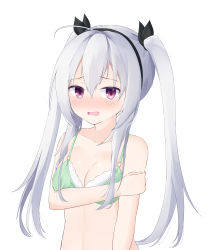 Rule 34 | 1girl, absurdres, ahoge, ange vierge, arm across chest, arm grab, bare arms, bare shoulders, black hairband, black ribbon, blush, bra, breasts, character request, cleavage, collarbone, commentary request, green bra, hair between eyes, hair ribbon, hairband, highres, long hair, looking at viewer, medium breasts, open mouth, purple eyes, ribbon, roido (taniko-t-1218), sidelocks, silver hair, simple background, solo, twintails, underwear, underwear only, upper body, white background