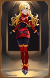 Rule 34 | absurdres, alternate costume, armor, arms at sides, belt, blonde hair, blue eyes, bodystocking, boots, breasts, commission, commissioner upload, crop top, elbow gloves, frown, gloves, highres, hood, hood down, ib (kouri), long hair, looking at viewer, mary (ib), mega man (series), mega man zero (series), multiple belts, non-web source, robot ears, skirt, sleeveless, small breasts, stomach, thigh boots, thighs, wayanfa