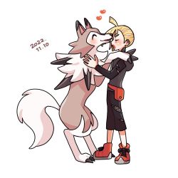 Rule 34 | 1boy, affectionate, ahoge, black pants, black shirt, blonde hair, commentary request, creatures (company), daifuku (pokefuka art), dated, ear piercing, fanny pack, from side, game freak, gen 7 pokemon, gladion (pokemon), grey vest, heart, hood, hooded vest, hoodie, lycanroc, lycanroc (midday), male focus, nintendo, pants, piercing, pokemon, pokemon (creature), pokemon sm, red bag, red footwear, shirt, shoes, short hair, simple background, torn clothes, torn pants, torn shirt, vest, white background