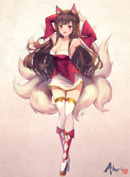 Rule 34 | 1girl, ahri (league of legends), animal ears, arms up, bad id, bad pixiv id, bare shoulders, blush, breasts, brown hair, character name, cleavage, collarbone, dduck kong, fox ears, fox tail, highres, large breasts, league of legends, long hair, looking at viewer, open mouth, pink eyes, signature, smile, solo, tail, thighhighs