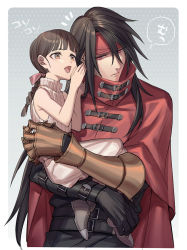 Rule 34 | 1boy, 1girl, bare arms, belt, black gloves, black hair, black pants, black shirt, blunt bangs, boots, border, braid, braided ponytail, brown eyes, brown hair, carrying, carrying person, child, clawed gauntlets, cloak, cowboy shot, dress, final fantasy, final fantasy vii, final fantasy vii advent children, full body, gloves, grey background, grey footwear, hair between eyes, hair ribbon, headband, high collar, jou (mono), long hair, long sleeves, marlene wallace, multiple belts, open mouth, pants, pink ribbon, red cloak, red eyes, red headband, ribbon, shirt, sleeveless, sleeveless dress, turtleneck, turtleneck dress, vincent valentine, whispering in ear, white dress