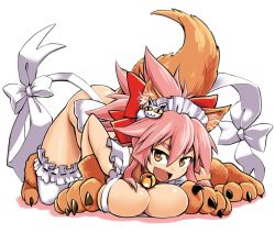 Rule 34 | 1girl, animal ear fluff, animal ears, animal hands, apron, ass, bell, blush, breast press, breasts, cat hair ornament, cat paws, cleavage, collar, commentary, commentary request, fangs, fate/grand order, fate (series), fox ears, fox girl, fox tail, gloves, hair ornament, hair ribbon, highres, jingle bell, kagehito, large breasts, long hair, looking at viewer, naked apron, neck bell, paw gloves, paw shoes, pink hair, ponytail, red ribbon, ribbon, shoes, simple background, solo, tail, tamamo (fate), tamamo cat (fate), tamamo cat (third ascension) (fate), white apron, white background, white legwear, yellow eyes
