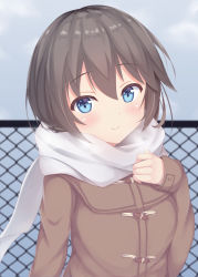 Rule 34 | 1girl, black hair, blue eyes, blush, breath, brown coat, chain-link fence, closed mouth, coat, commentary request, fence, hair between eyes, hand up, long sleeves, looking at viewer, original, satsuki mocchi, scarf, sleeves past wrists, smile, solo, upper body, white scarf