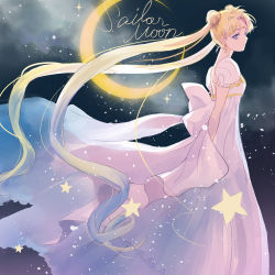 Rule 34 | 1girl, bishoujo senshi sailor moon, blonde hair, blue eyes, bow, copyright name, crescent, crescent facial mark, crescent moon, double bun, earrings, facial mark, feet out of frame, forehead mark, hair bun, highres, jewelry, long hair, looking at viewer, moon, princess serenity, puffy short sleeves, puffy sleeves, sailor moon, short sleeves, solo, standing, star (sky), star (symbol), takayo (retry), tsukino usagi, twintails, very long hair, white bow