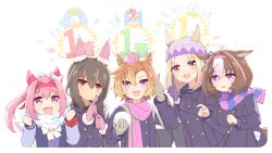 Rule 34 | 5girls, :3, admire vega (umamusume), ahoge, animal ears, bag, beanie, bow, bowtie, breasts, brown hair, clenched hands, closed mouth, coat, commentary request, crown, ear covers, ears through headwear, flat chest, gloves, hair intakes, hairband, haru urara (umamusume), hat, highres, hihiqhi, holding snowball, horse ears, horse girl, horse tail, index finger raised, large breasts, long hair, long sleeves, looking at viewer, medium hair, meisho doto (umamusume), multiple girls, narita top road (umamusume), open mouth, pink eyes, pink gloves, pink hair, ponytail, purple coat, purple eyes, purple shirt, scarf, school bag, shirt, short hair, small breasts, smile, t.m. opera o (umamusume), tail, twitter username, umamusume, watermark, white background, yellow eyes