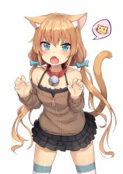 Rule 34 | 1girl, 3.14, animal ears, bare shoulders, bell, blue eyes, bow, breasts, brown hair, cat ears, cat tail, claw pose, collar, cowboy shot, fang, frilled skirt, frills, hair bow, halterneck, jingle bell, leaning forward, long hair, looking at viewer, low twintails, neck bell, off-shoulder, off-shoulder sweater, off shoulder, open mouth, orange hair, simple background, skirt, small breasts, solo, speech bubble, sweater, tail, thighhighs, twintails, very long hair, white background