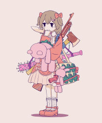 Rule 34 | 1girl, absurdres, arm up, avogado6, axe, bag, bags under eyes, bandolier, baseball bat, bow, brown hair, cat hair ornament, child, club (weapon), dress, explosive, frilled dress, frilled sleeves, frills, full body, grenade, gun, gun sling, hair bow, hair ornament, hairclip, hand to own mouth, handgun, highres, holding, holding knife, holding stuffed toy, holstered, jitome, knife, lolita fashion, long sleeves, medium hair, nail, nail bat, original, over shoulder, pink background, pink bow, pink dress, pistol, pump action, remington 870, rifle, shadow, shotgun, simple background, solo, stuffed animal, stuffed rabbit, stuffed toy, tagme, teddy bear, two side up, weapon, weapon over shoulder, weapon request, yellow bag