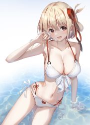 Rule 34 | 1girl, :d, absurdres, arm up, armpits, bikini, blonde hair, blush, bob cut, bracelet, breasts, cleavage, collarbone, front-tie bikini top, front-tie top, hair ribbon, highres, jewelry, large breasts, layered bikini, leaning to the side, looking at viewer, lycoris recoil, navel, nishikigi chisato, o-ring, one side up, open mouth, pulling own clothes, red eyes, red ribbon, revision, ribbon, short hair, side-tie bikini bottom, sitting, smile, strap pull, swimsuit, wata0933, water