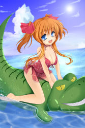 Rule 34 | 1girl, barefoot, blue eyes, breasts, cleavage, crocodile, crocodilian, highres, inflatable toy, long hair, ocean, ochimusha, one-piece swimsuit, orange hair, original, partially submerged, riding, soaking feet, solo, sun, swimsuit, twintails, water