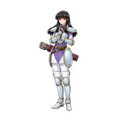 Rule 34 | 1girl, absurdres, arm guards, armor, astrid (fire emblem), belt, black hair, boots, breastplate, commentary request, fingerless gloves, fire emblem, fire emblem: path of radiance, fire emblem: radiant dawn, fire emblem heroes, gloves, highres, long hair, long sleeves, looking at viewer, nintendo, official art, orange eyes, pants, quiver, shoulder armor, simple background, solo, turtleneck, uroko (mnr), white background, white footwear, white pants