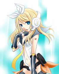 Rule 34 | 1girl, alternate hair length, alternate hairstyle, bad id, bad pixiv id, black gloves, black sailor collar, blonde hair, blue eyes, bow, breasts, cleavage, collarbone, fingerless gloves, floating hair, gloves, hair between eyes, hair bow, headphones, kagamine rin, leotard, long hair, looking at viewer, midriff, nail polish, navel, necktie, open mouth, revealing clothes, sailor collar, small breasts, solo, standing, stomach, vocaloid, white bow, white leotard, yayoi (egoistic realism), yellow nails, yellow necktie