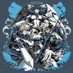 Rule 34 | 1girl, 2boys, asymmetrical wings, belt, black panties, blonde hair, blue eyes, blue hair, breasts, choker, cleavage, closed eyes, commentary, cross, detached sleeves, dizzy (guilty gear), english commentary, eyepatch, family, father and son, fingerless gloves, fingernails, flagpole, gloves, guilty gear, guilty gear xrd, hair between eyes, hair over one eye, hair ribbon, hair rings, halo, hand on own chest, husband and wife, kenshin187, ky kiske, large breasts, long hair, monster girl, mother and son, multiple boys, panties, ponytail, ribbon, shaded face, sin kiske, smirk, sword, twintails, underwear, weapon, wings, yellow ribbon
