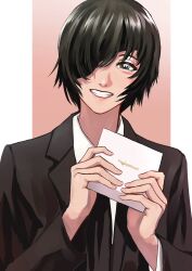 Rule 34 | 1girl, absurdres, ao desu2222, black hair, black jacket, black necktie, box, chainsaw man, collared shirt, eyepatch, formal, highres, himeno (chainsaw man), holding, holding box, jacket, looking at viewer, necktie, shirt, short hair, simple background, smile, solo, suit, teeth, two-tone background, upper body, white background, white day, white shirt