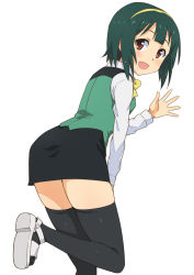 Rule 34 | 1girl, :d, black thighhighs, blush, green hair, hairband, hashi, idolmaster, idolmaster (classic), leg up, looking at viewer, mole, mole under mouth, open mouth, otonashi kotori, pencil skirt, red eyes, short hair, simple background, skirt, smile, solo, thighhighs, waving, white background