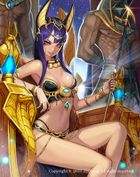 Rule 34 | 1girl, 2boys, abs, anubis (mythology), armor, artist request, bikini armor, black nails, bracelet, breasts, egyptian, egyptian clothes, egyptian mythology, gold, headgear, highres, jewelry, kim jin sung, long hair, looking at viewer, makeup, mask, medium breasts, multiple boys, nail polish, necklace, night, nipples, original, parted lips, pink eyes, purple hair, revealing clothes, revision, scepter, sitting, smile, sparkle, strapless, throne, tiara