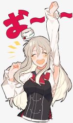 Rule 34 | 1girl, absurdres, bad id, bad twitter id, bodice, bow, bowtie, closed eyes, facing viewer, grey hair, hat, unworn hat, unworn headwear, highres, kantai collection, long hair, mini hat, open mouth, pola (kancolle), raised fist, red bow, red bowtie, round teeth, shirt, simple background, smile, solo, su konbu, teeth, thick eyebrows, upper body, upper teeth only, wavy hair, white background, white shirt