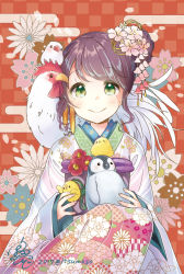 Rule 34 | 1girl, 2017, artist name, bird, brown hair, checkered background, chick, chicken, chinese zodiac, dated, egasumi, artistic error, floral print, flower, furisode, green eyes, hair bun, hair flower, hair ornament, happy new year, japanese clothes, java sparrow, kanzashi, kimono, knees up, looking at viewer, new year, original, penguin, pink flower, rougetsu, seigaiha, shippou (pattern), signature, single hair bun, smile, solo, squatting, swept bangs, upper body, white java sparrow, yagasuri, year of the rooster