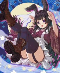Rule 34 | 1girl, :d, animal ears, apron, arms up, ass, black hair, black thighhighs, blue eyes, boots, breasts, brown footwear, commentary, cross-laced footwear, english commentary, full moon, garter straps, hair ornament, hairclip, highres, hikari niji, japanese clothes, kimono, knee up, lace-up boots, leg up, long hair, long sleeves, looking at viewer, medium breasts, moon, nail polish, nijisanji, open mouth, purple kimono, rabbit ears, rabbit pose, red nails, shoe soles, smile, solo, star (symbol), starry background, thighhighs, thighhighs under boots, tsukino mito, very long hair, virtual youtuber, white apron, wide sleeves