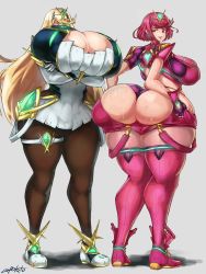 Rule 34 | 2girls, absurdres, alternate ass size, alternate breast size, ass, blonde hair, breasts, clothing cutout, female focus, fingerless gloves, full body, gloves, gluteal fold, highres, huge ass, huge breasts, la potato, long hair, matching hair/eyes, multiple girls, mythra (xenoblade), pantyhose, pyra (xenoblade), red eyes, red hair, short hair, skindentation, sweat, xenoblade chronicles (series), xenoblade chronicles 2
