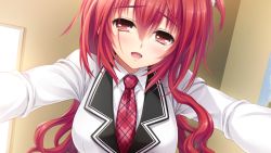 Rule 34 | 1girl, blush, breasts, female focus, game cg, kamio ami, large breasts, long hair, looking at viewer, necktie, norita, open mouth, red eyes, red hair, school uniform, semiramis no tenbin, smile, solo, tears
