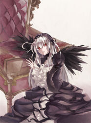 Rule 34 | 1girl, armchair, black collar, black dress, black hairband, black ribbon, black wings, chair, collar, cross-laced clothes, cross-laced dress, detached collar, dress, expressionless, feathered wings, feathers, feet out of frame, frilled dress, frilled hairband, frills, gothic lolita, grey background, hair between eyes, hair ribbon, hairband, layered dress, lolita fashion, lolita hairband, long hair, looking at viewer, medium bangs, mon (b5535anny), neck ribbon, on floor, parted lips, red eyes, ribbon, rozen maiden, sidelocks, simple background, solo, suigintou, third-party source, white dress, white hair, wings