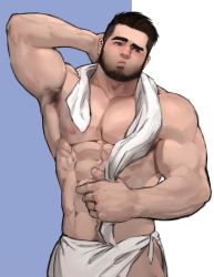 Rule 34 | 1boy, abs, armpit hair, armpits, arms behind head, bara, bare pectorals, beard, blush, dopey (dopq), facial hair, highres, large pectorals, male focus, mature male, muscular, muscular male, naked towel, navel, navel hair, nipples, original, pectorals, short hair, solo, stomach, thick eyebrows, towel, towel around waist