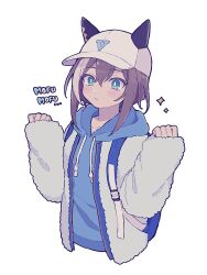 Rule 34 | 1girl, alternate costume, animal ears, bag, baseball cap, blue eyes, blush, breasts, brown hair, cheval grand (umamusume), clenched hands, collarbone, commentary request, ear covers, fluffy, hair between eyes, hat, highres, horse ears, jacket, looking at viewer, medium breasts, medium hair, multicolored hair, rjsn, simple background, solo, sparkle, streaked hair, umamusume, white background, white hair, white hat