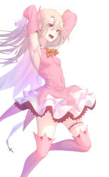 Rule 34 | 1girl, absurdres, armpits, arms up, ascot, bare shoulders, blonde hair, boots, breasts, bridal garter, commentary request, covered navel, cross, detached sleeves, dress, earrings, fate/kaleid liner prisma illya, fate (series), feather hair ornament, feathers, gloves, hair between eyes, hair ornament, highres, illyasviel von einzbern, jewelry, long hair, magical girl, necktie, open mouth, pink dress, pink feathers, pink footwear, pink thighhighs, simple background, skimun, small breasts, thigh boots, thighhighs, white background, white gloves, yellow neckwear