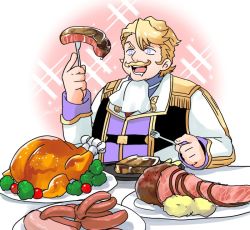 Rule 34 | + +, 1boy, blonde hair, blue eyes, chicken (food), commentary request, facial hair, fate/grand order, fate (series), food, fork, goredolf musik, holding, holding fork, long sleeves, male focus, mgk968, mustache, open mouth, plate, saliva, sausage, short hair, solo, sparkle background, steak, tomato