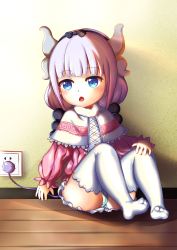 Rule 34 | 10s, 1girl, absurdres, ass, bad anatomy, bad feet, bad id, bad pixiv id, blue eyes, capelet, chestnut mouth, dragon girl, dragon horns, dragon tail, electric plug, electrical outlet, hair bobbles, hair ornament, hairband, highres, horns, jing yang junior, kanna kamui, kobayashi-san chi no maidragon, light purple hair, long hair, looking at viewer, low twintails, open mouth, panties, pantyshot, sitting, slit pupils, solo, tail, thighhighs, twintails, underwear, white thighhighs, wooden floor