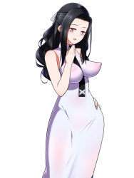 Rule 34 | 10s, 1girl, bare shoulders, black hair, breasts, dress, highres, long hair, mahouka koukou no rettousei, necktie, open mouth, red eyes, ribbon, saegusa mayumi, simple background