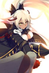 Rule 34 | 1girl, arm guards, black bow, black coat, bow, breasts, cleavage, cleavage cutout, clothing cutout, coat, dark-skinned female, dark skin, dress, echo (circa), fate/grand order, fate (series), food, hair bow, half updo, koha-ace, large breasts, long hair, long sleeves, looking at viewer, okita souji (fate), okita souji alter (fate), okita souji alter (third ascension) (fate), ponytail, pout, solo, tassel, very long hair, white dress, white hair, yellow eyes