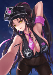 Rule 34 | 1girl, arm behind head, arm up, armpits, bare shoulders, bikini, black bikini, black gloves, black hair, black hat, black pantyhose, breasts, cleavage, covered navel, facial mark, fate/grand order, fate (series), fingerless gloves, forehead mark, gloves, halterneck, hat, highres, large breasts, long hair, looking at viewer, multicolored hair, necktie, outstretched arm, pantyhose, parted bangs, pink hair, pink necktie, police hat, ponytail, sessyoin kiara, sessyoin kiara (swimsuit mooncancer), skyde kei, smile, solo, streaked hair, swimsuit, thighs, torn clothes, very long hair, yellow eyes